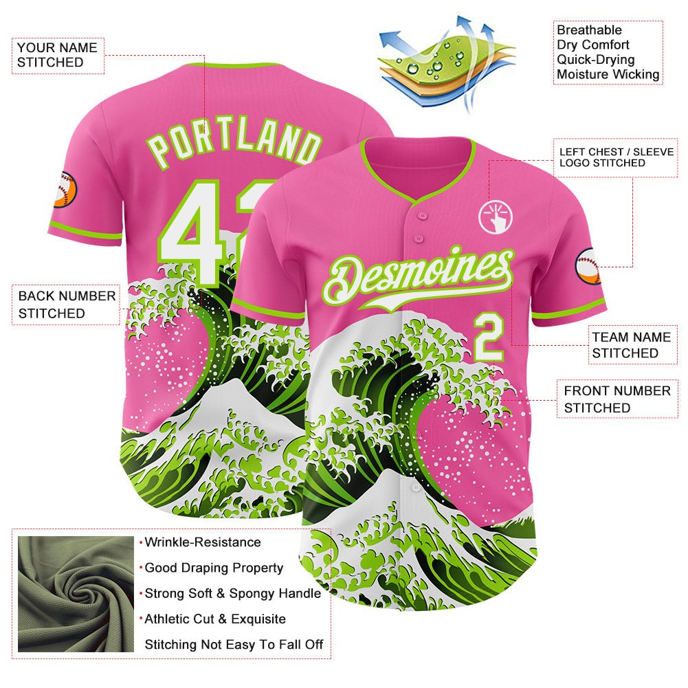 Custom Pink Neon Green-White Japanese Wave Authentic Baseball Jersey