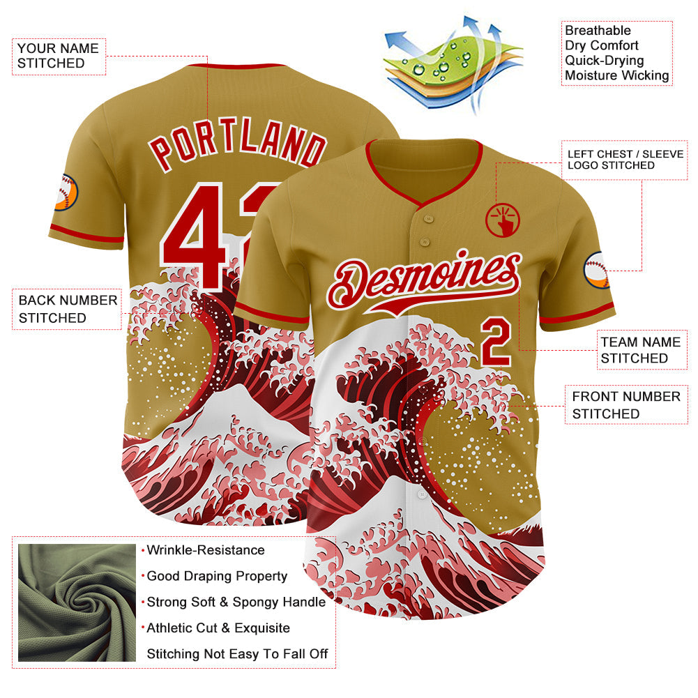 Custom Old Gold Red-White Japanese Wave Authentic Baseball Jersey