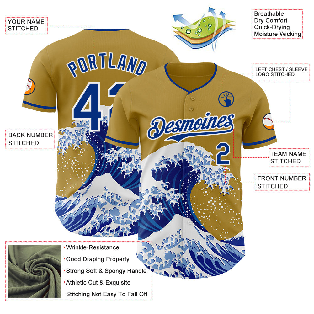 Custom Old Gold Royal-White Japanese Wave Authentic Baseball Jersey