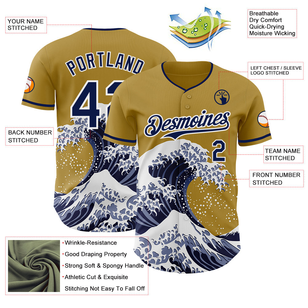 Custom Old Gold Navy-White Japanese Wave Authentic Baseball Jersey