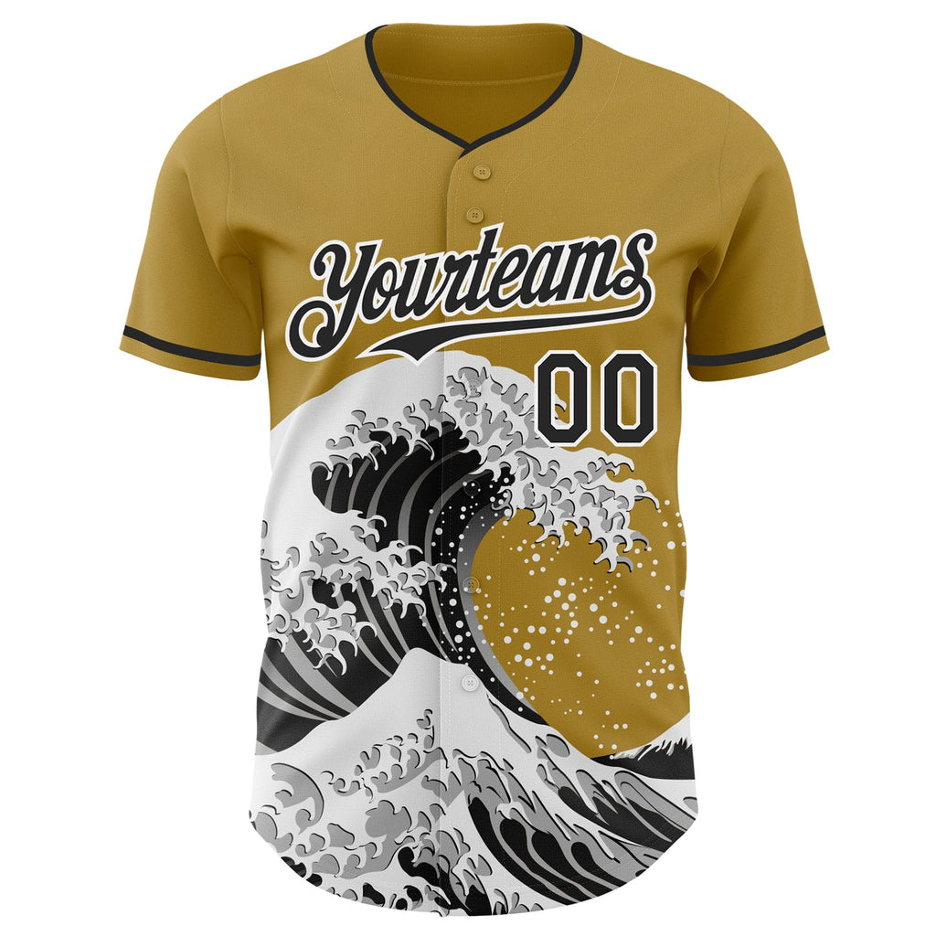 Custom Old Gold Black-White Japanese Wave Authentic Baseball Jersey