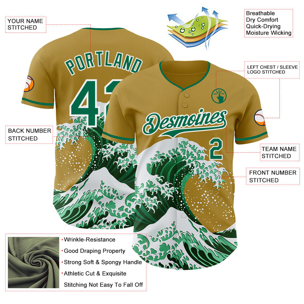 Custom Old Gold Kelly Green-White Japanese Wave Authentic Baseball Jersey