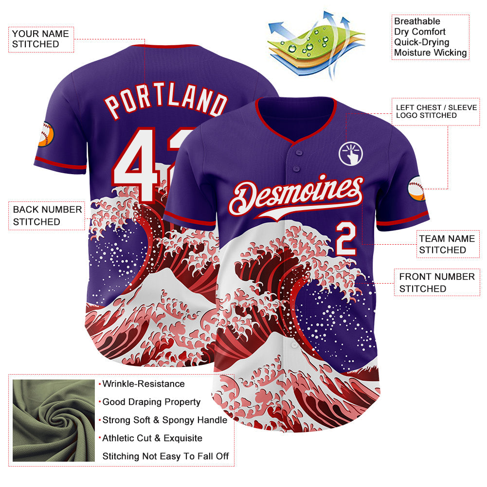 Custom Purple White-Red Japanese Wave Authentic Baseball Jersey
