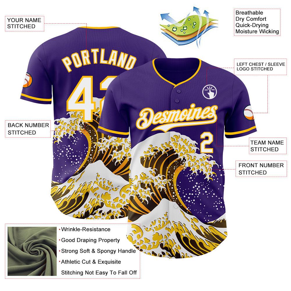 Custom Purple White-Gold Japanese Wave Authentic Baseball Jersey