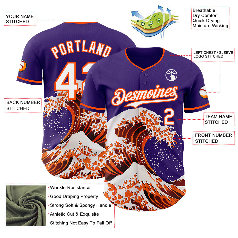 Custom Purple White-Orange Japanese Wave Authentic Baseball Jersey