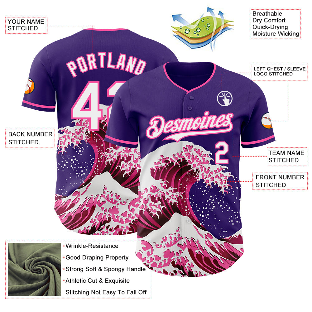 Custom Purple White-Pink Japanese Wave Authentic Baseball Jersey