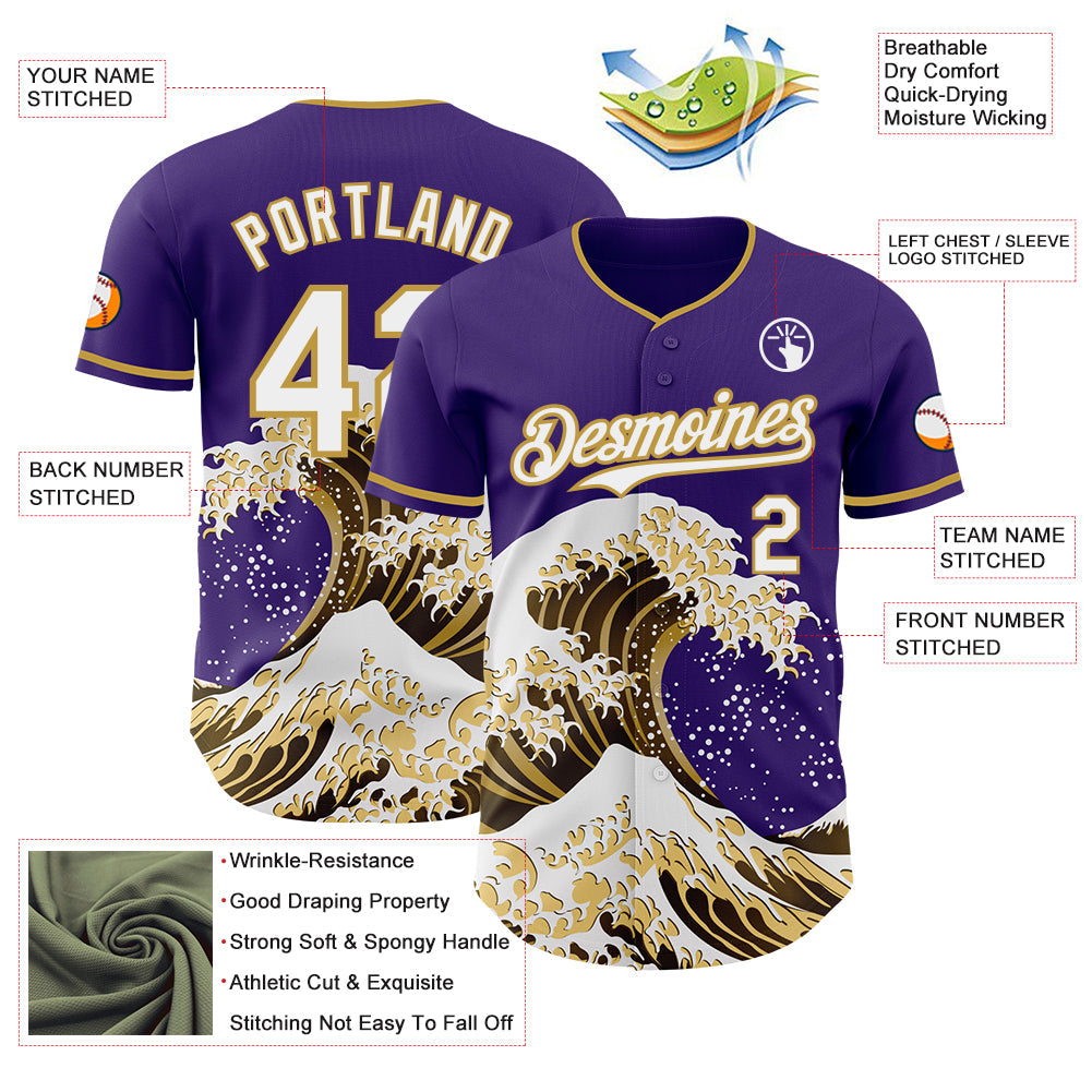 Custom Purple White-Old Gold Japanese Wave Authentic Baseball Jersey