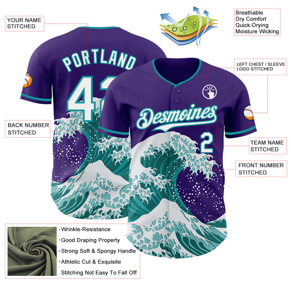 Custom Purple White-Teal Japanese Wave Authentic Baseball Jersey