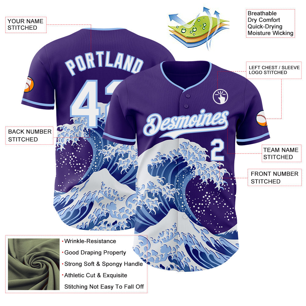 Custom Purple White-Light Blue Japanese Wave Authentic Baseball Jersey