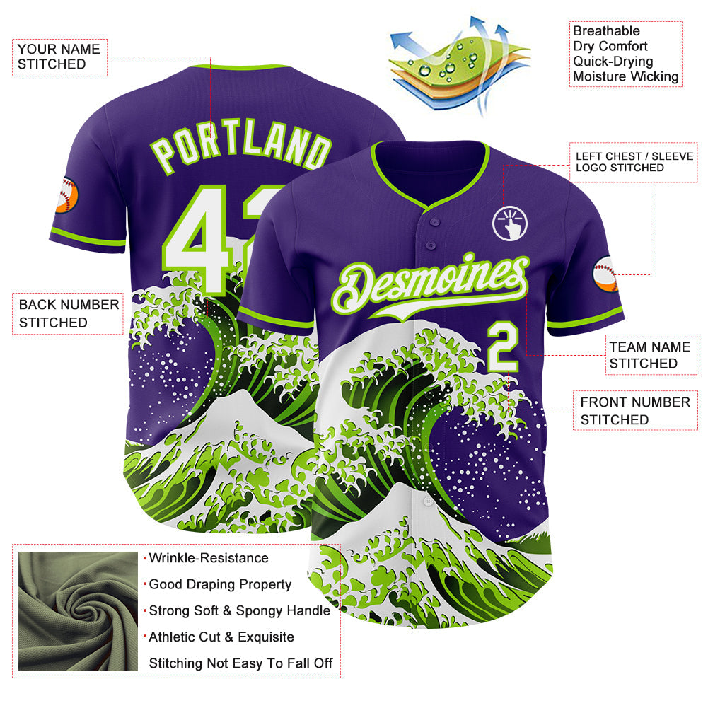 Custom Purple White-Neon Green Japanese Wave Authentic Baseball Jersey