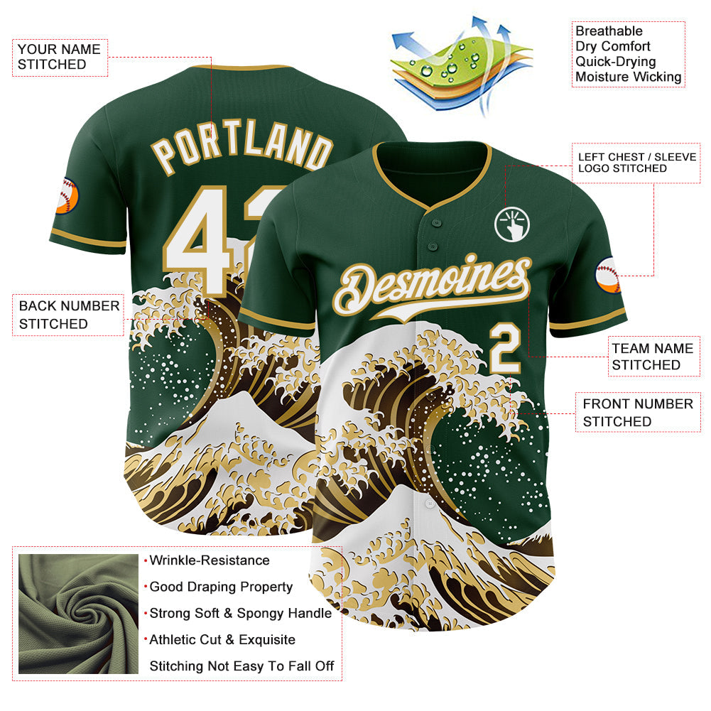 Custom Green White-Old Gold Japanese Wave Authentic Baseball Jersey