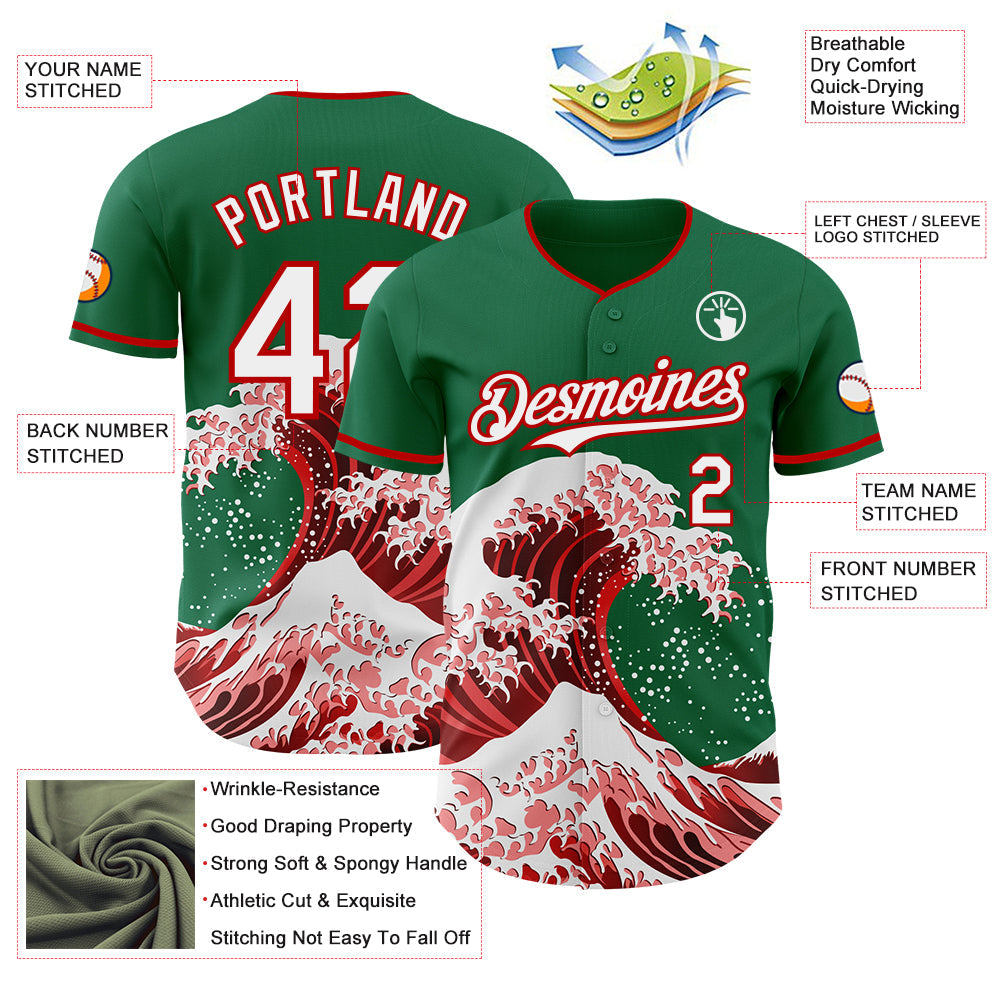 Custom Kelly Green White-Red Japanese Wave Authentic Baseball Jersey