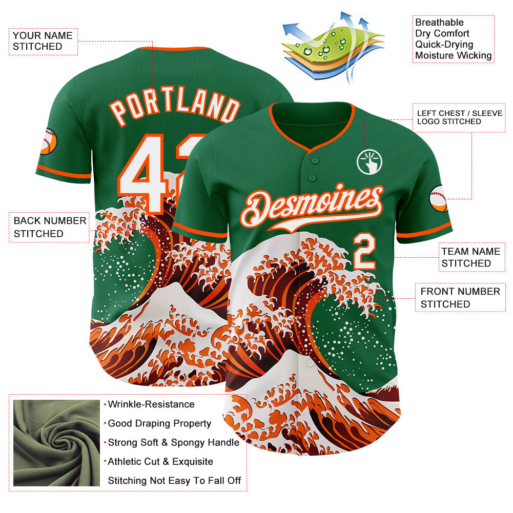 Custom Kelly Green White-Orange Japanese Wave Authentic Baseball Jersey