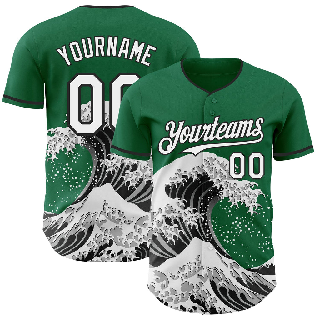 Custom Kelly Green White-Black Japanese Wave Authentic Baseball Jersey