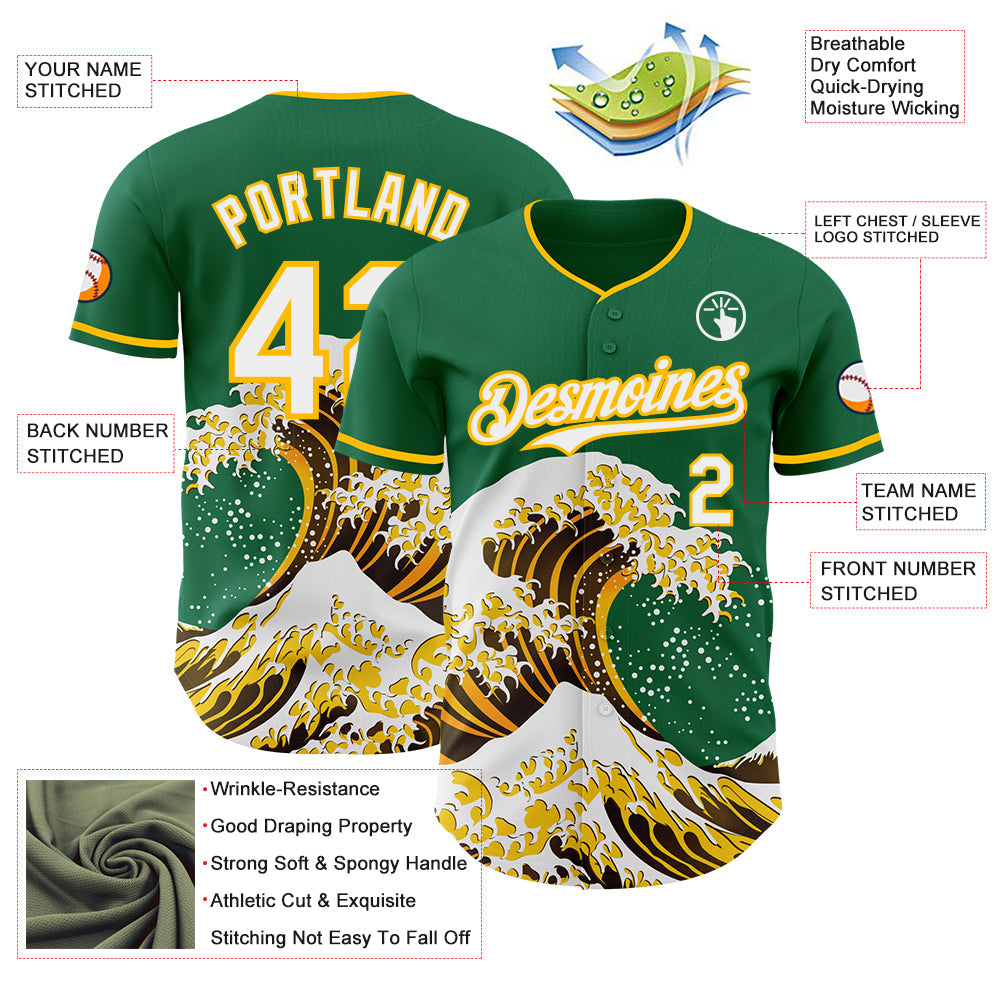Custom Kelly Green White-Gold Japanese Wave Authentic Baseball Jersey