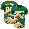Custom Kelly Green White-Gold Japanese Wave Authentic Baseball Jersey