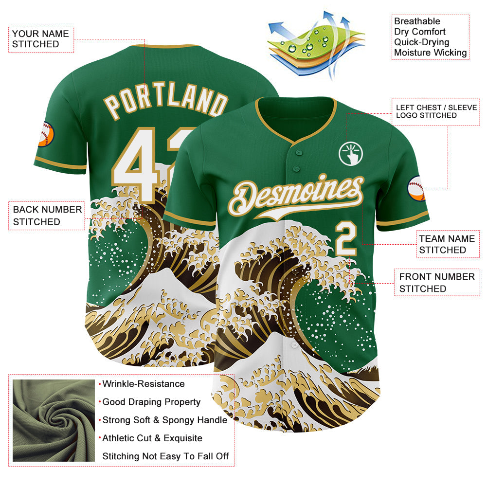 Custom Kelly Green White-Old Gold Japanese Wave Authentic Baseball Jersey