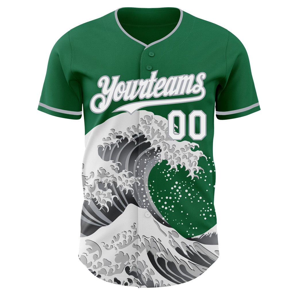 Custom Kelly Green White-Gray Japanese Wave Authentic Baseball Jersey