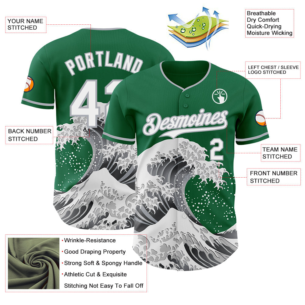 Custom Kelly Green White-Gray Japanese Wave Authentic Baseball Jersey
