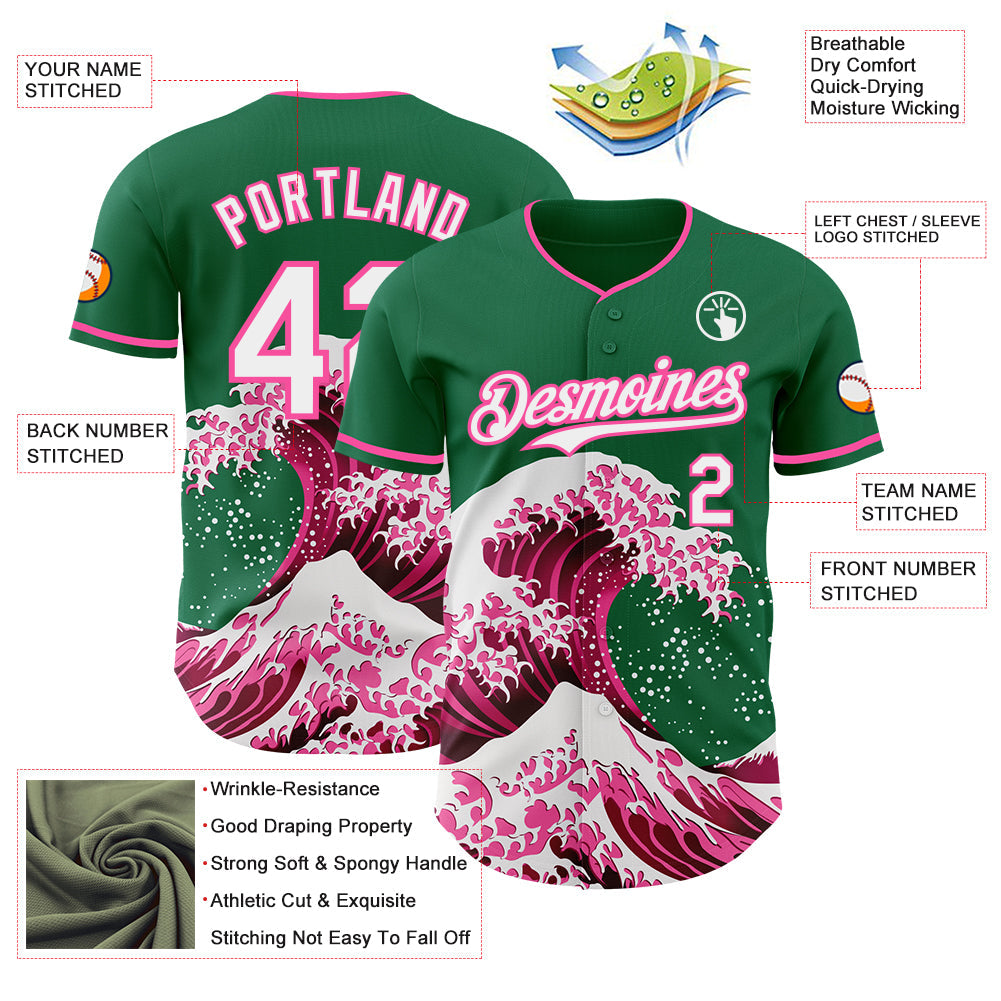 Custom Kelly Green White-Pink Japanese Wave Authentic Baseball Jersey