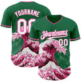 Custom Kelly Green White-Pink Japanese Wave Authentic Baseball Jersey