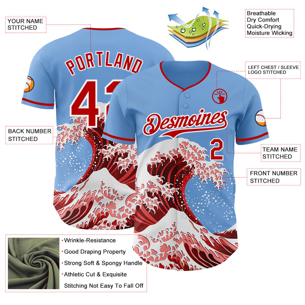 Custom Light Blue Red-White Japanese Wave Authentic Baseball Jersey