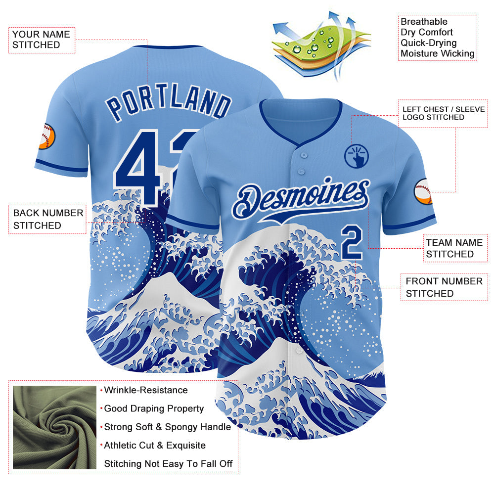 Custom Light Blue Royal-White Japanese Wave Authentic Baseball Jersey