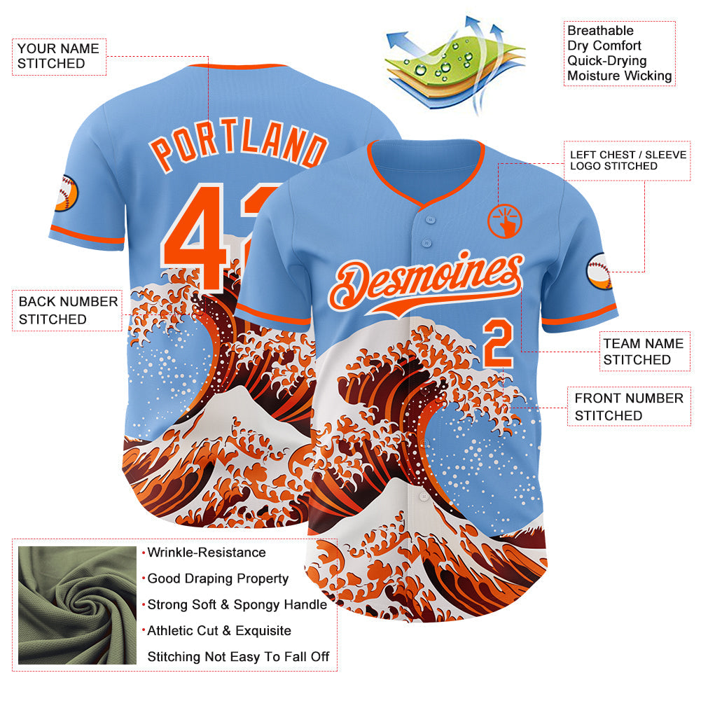 Custom Light Blue Orange-White Japanese Wave Authentic Baseball Jersey