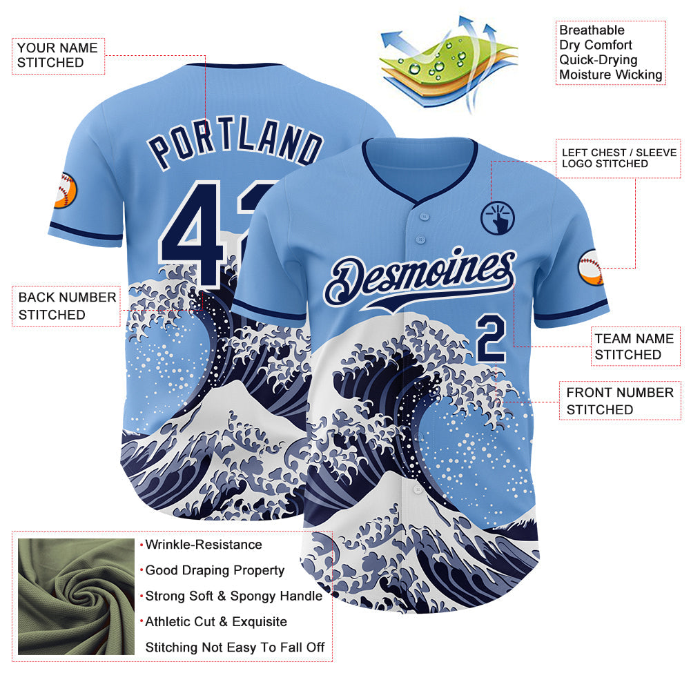 Custom Light Blue Navy-White Japanese Wave Authentic Baseball Jersey