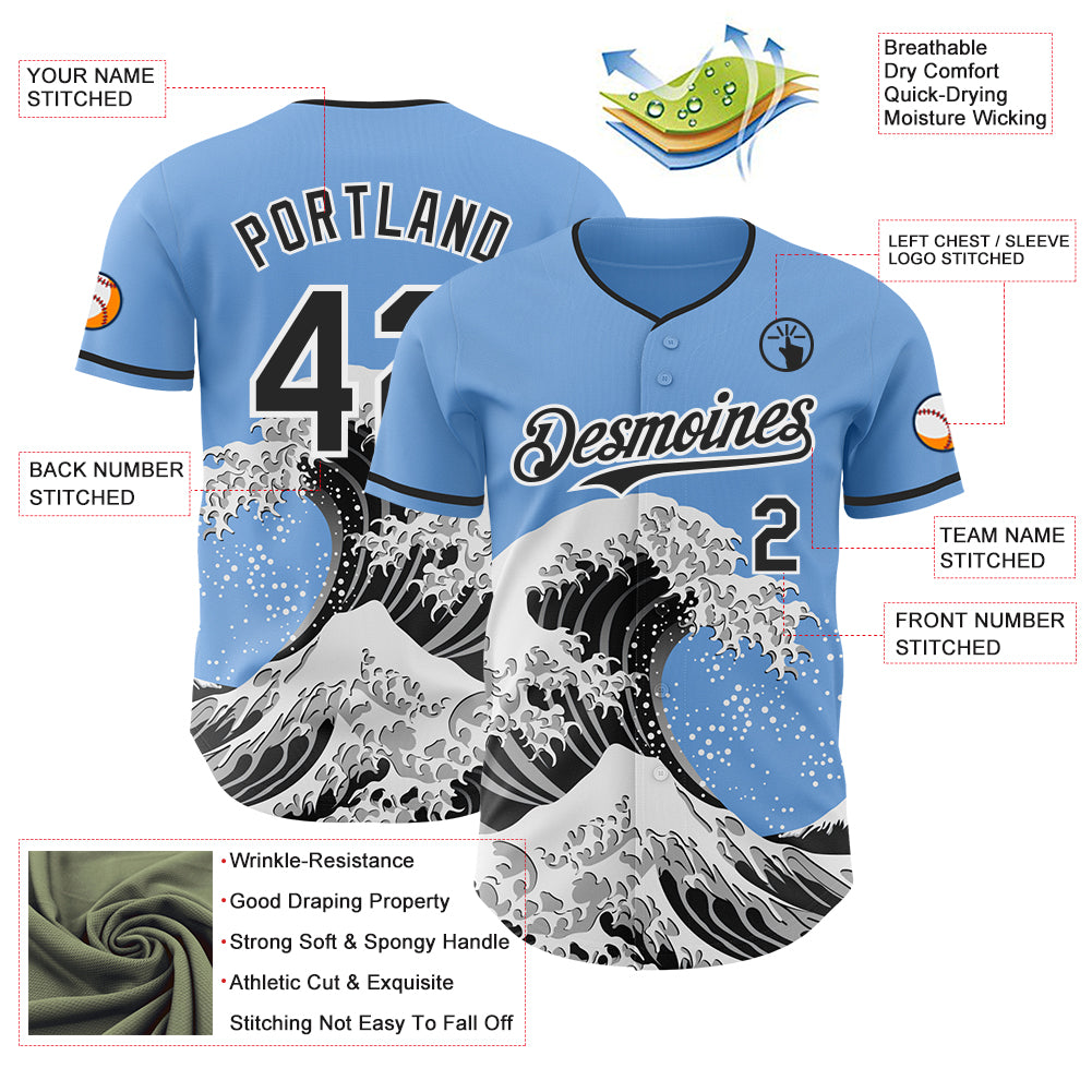 Custom Light Blue Black-White Japanese Wave Authentic Baseball Jersey
