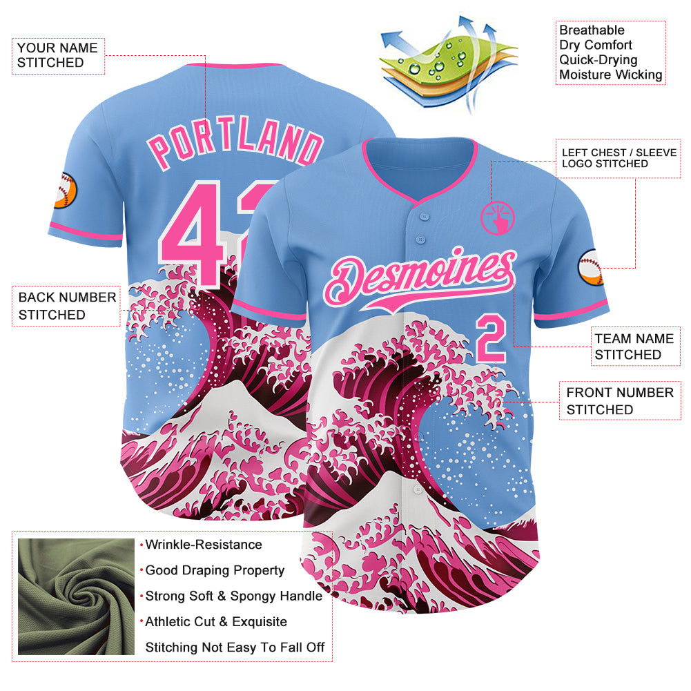 Custom Light Blue Pink-White Japanese Wave Authentic Baseball Jersey
