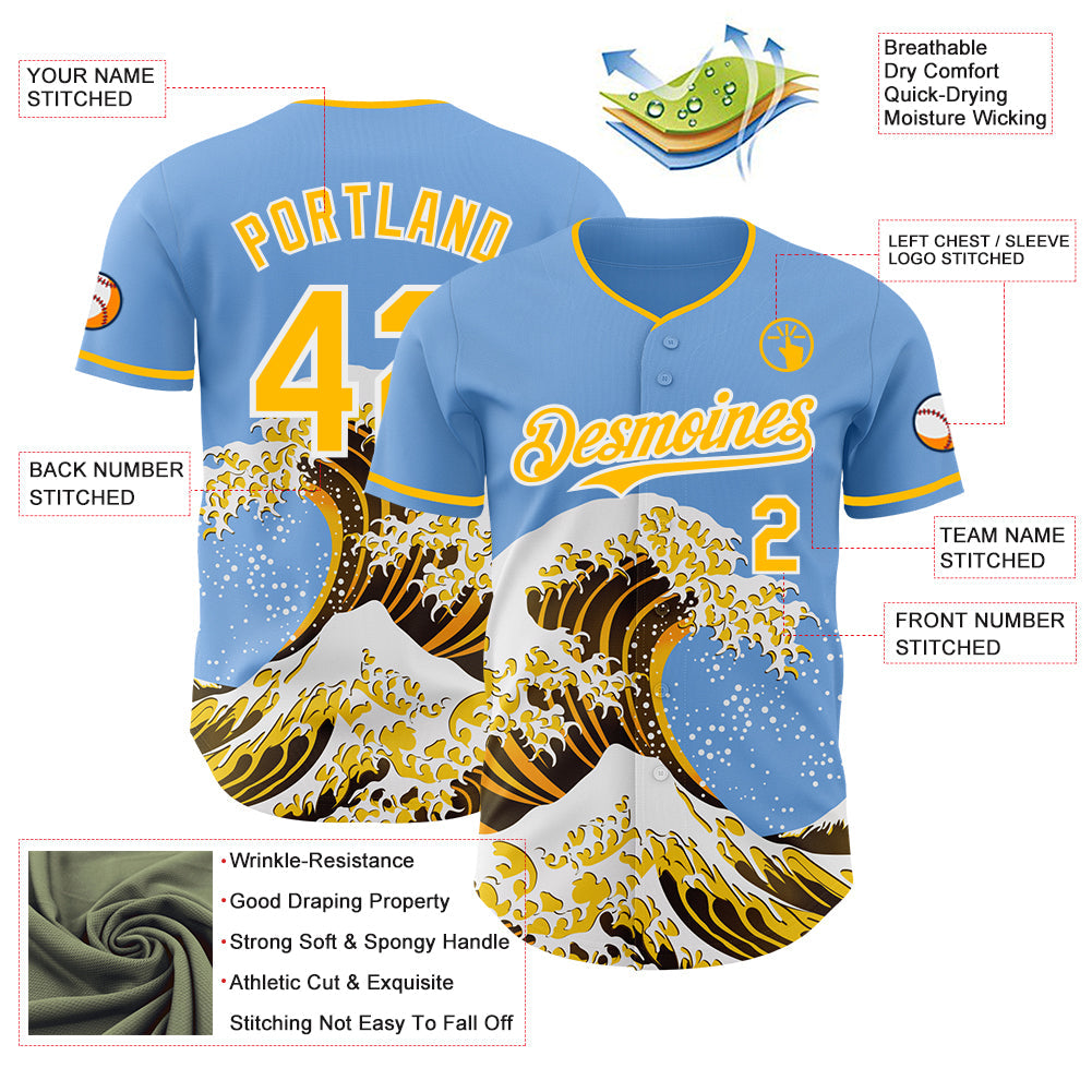 Custom Light Blue Gold-White Japanese Wave Authentic Baseball Jersey
