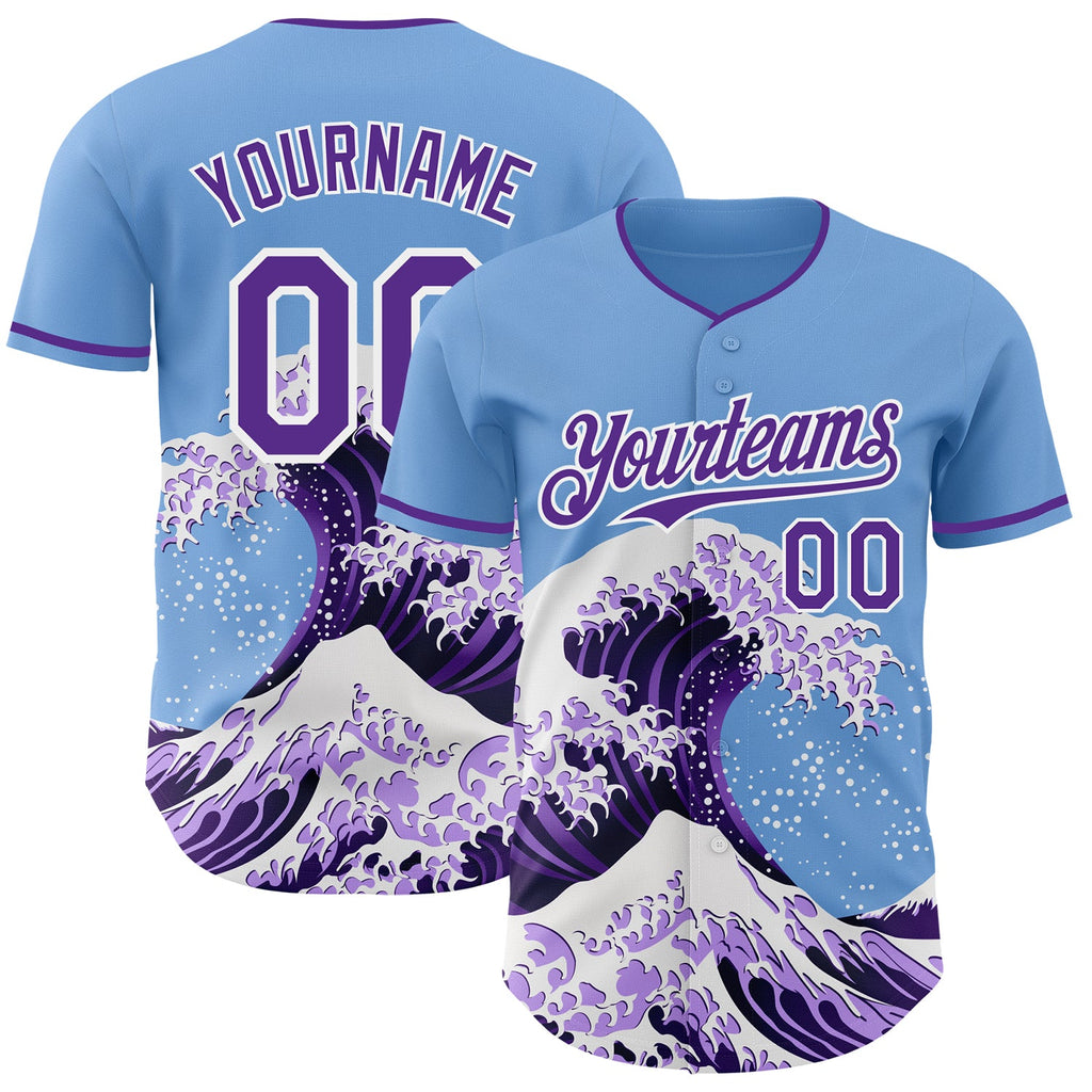 Custom Light Blue Purple-White Japanese Wave Authentic Baseball Jersey