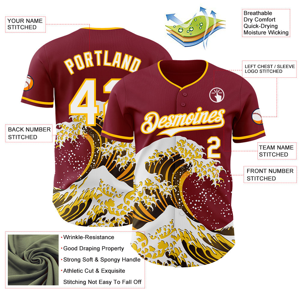 Custom Crimson White-Gold Japanese Wave Authentic Baseball Jersey