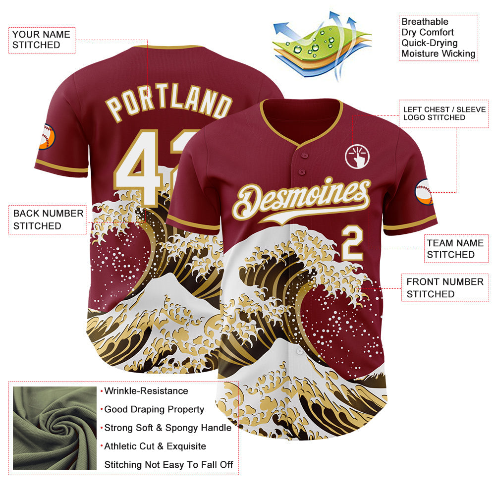 Custom Crimson White-Old Gold Japanese Wave Authentic Baseball Jersey