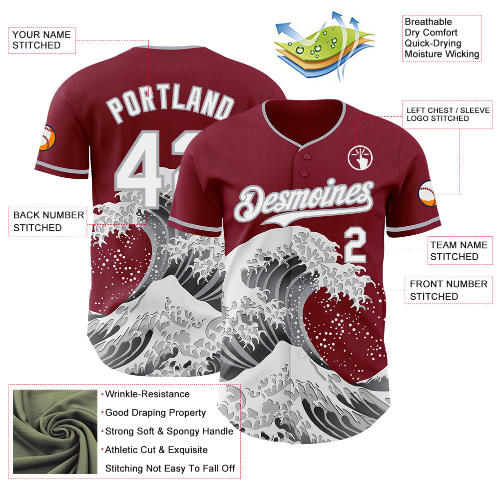 Custom Crimson White-Gray Japanese Wave Authentic Baseball Jersey