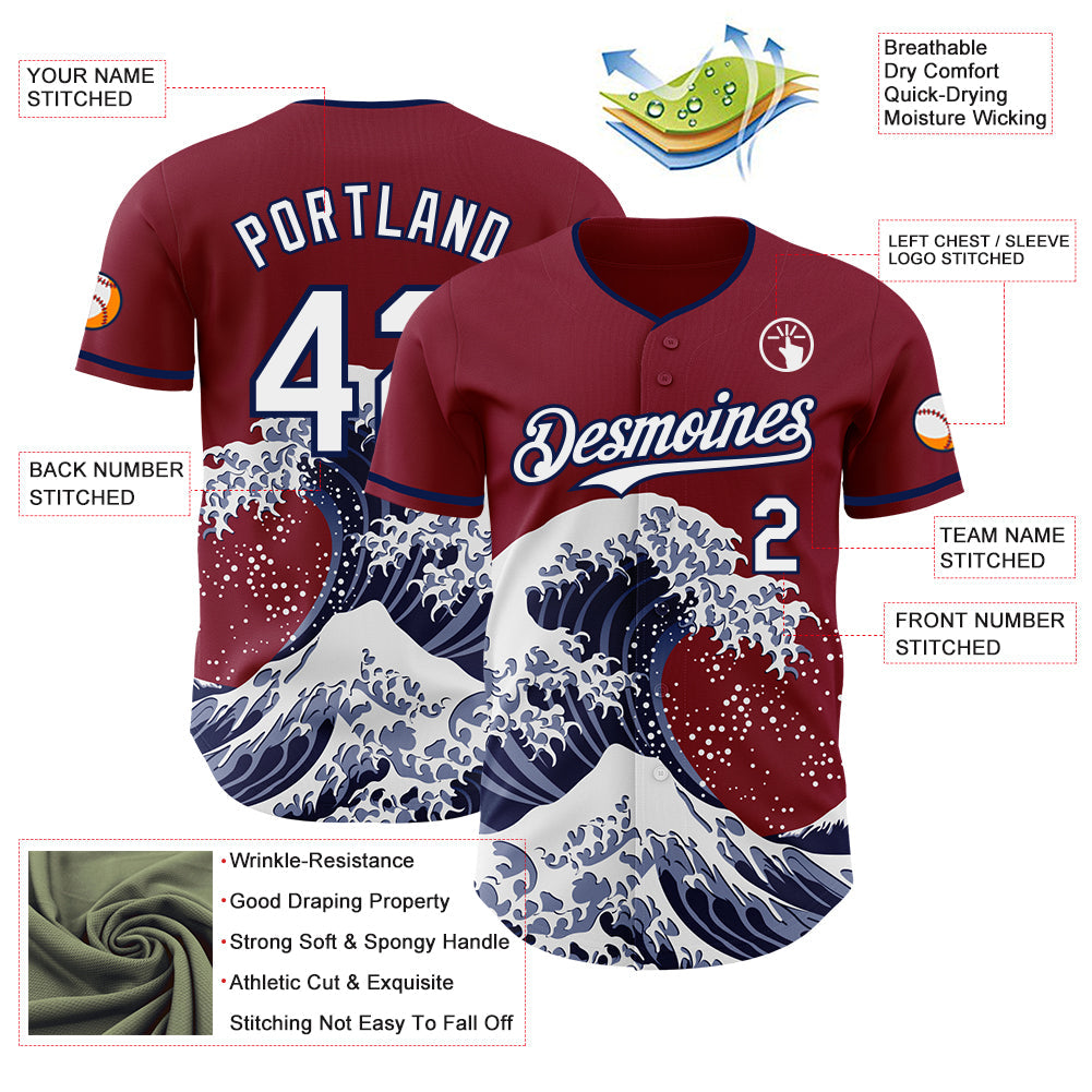 Custom Crimson White-Navy Japanese Wave Authentic Baseball Jersey