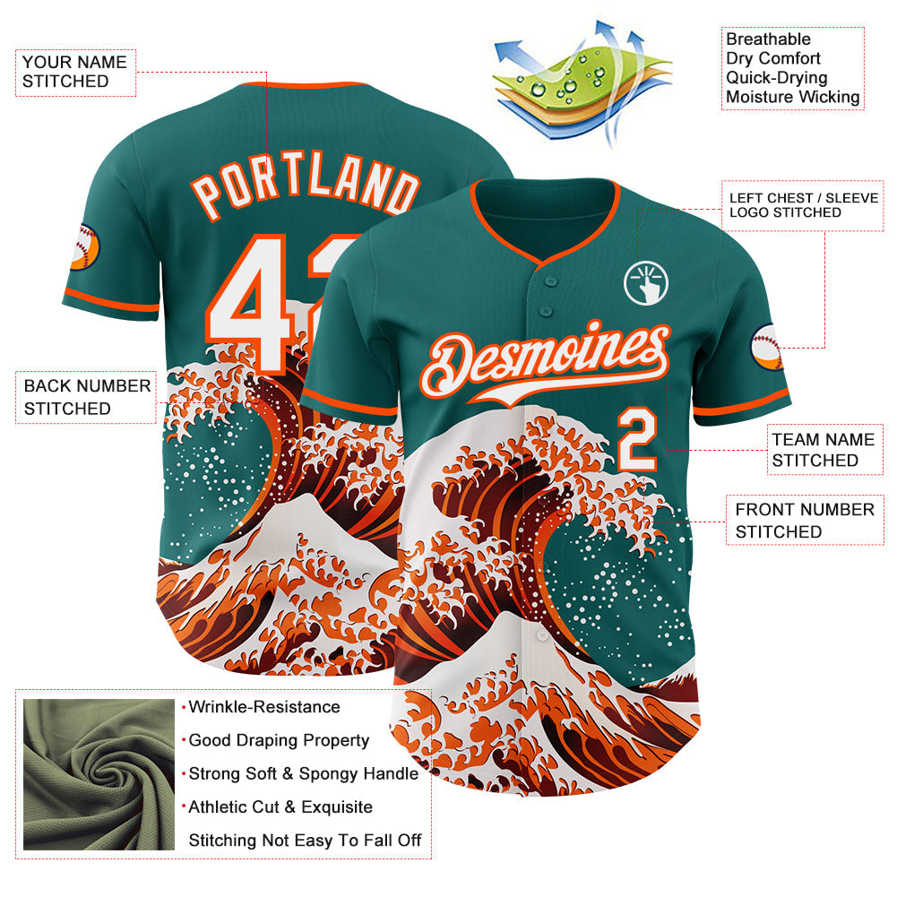 Custom Teal White-Orange Japanese Wave Authentic Baseball Jersey