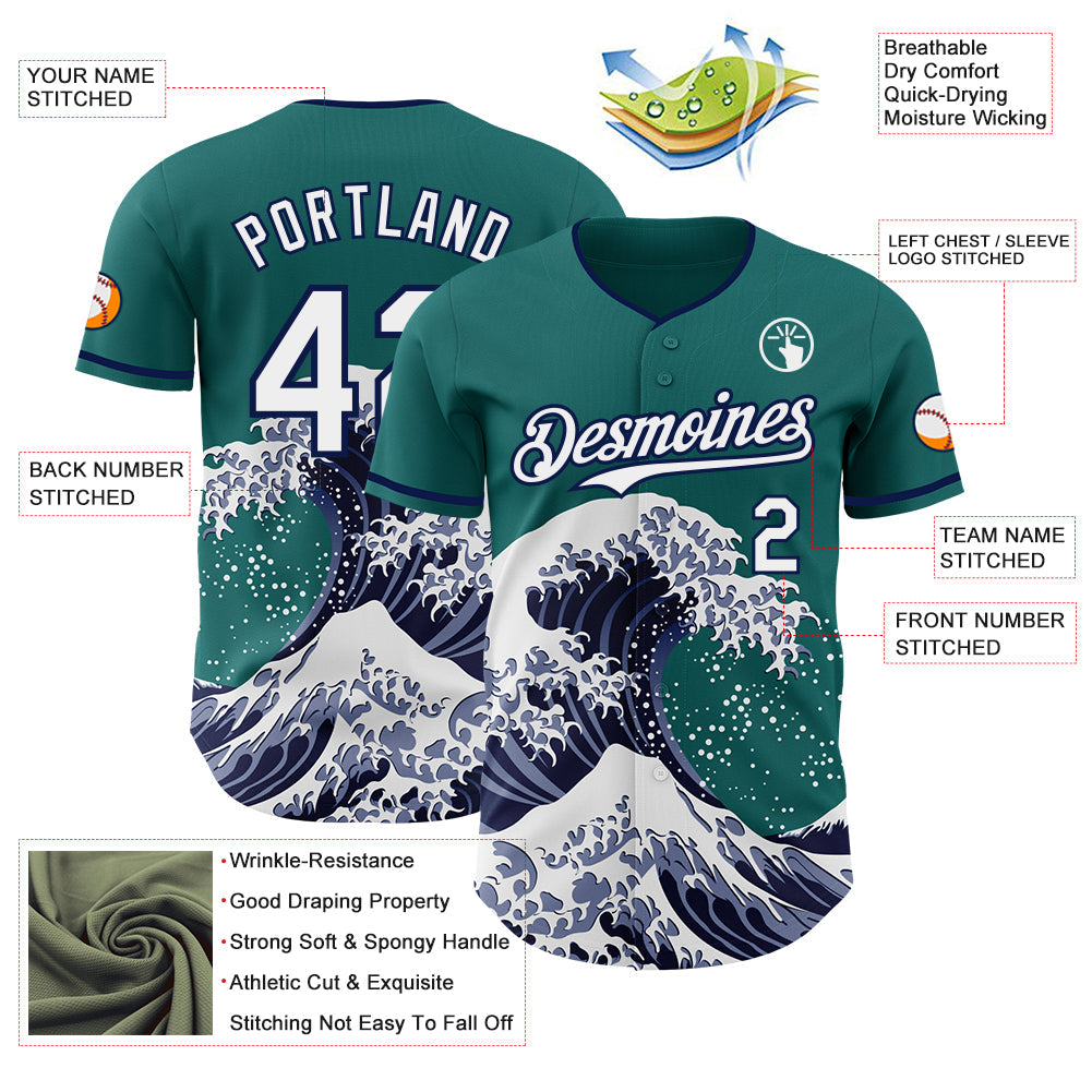 Custom Teal White-Navy Japanese Wave Authentic Baseball Jersey