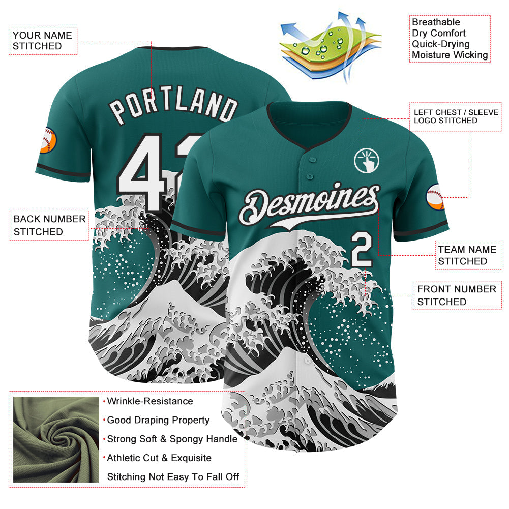 Custom Teal White-Black Japanese Wave Authentic Baseball Jersey