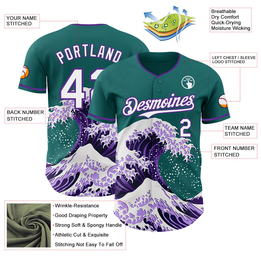Custom Teal White-Purple Japanese Wave Authentic Baseball Jersey