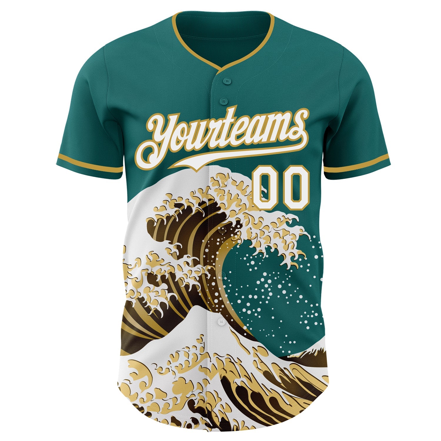 Custom Teal White-Old Gold Japanese Wave Authentic Baseball Jersey
