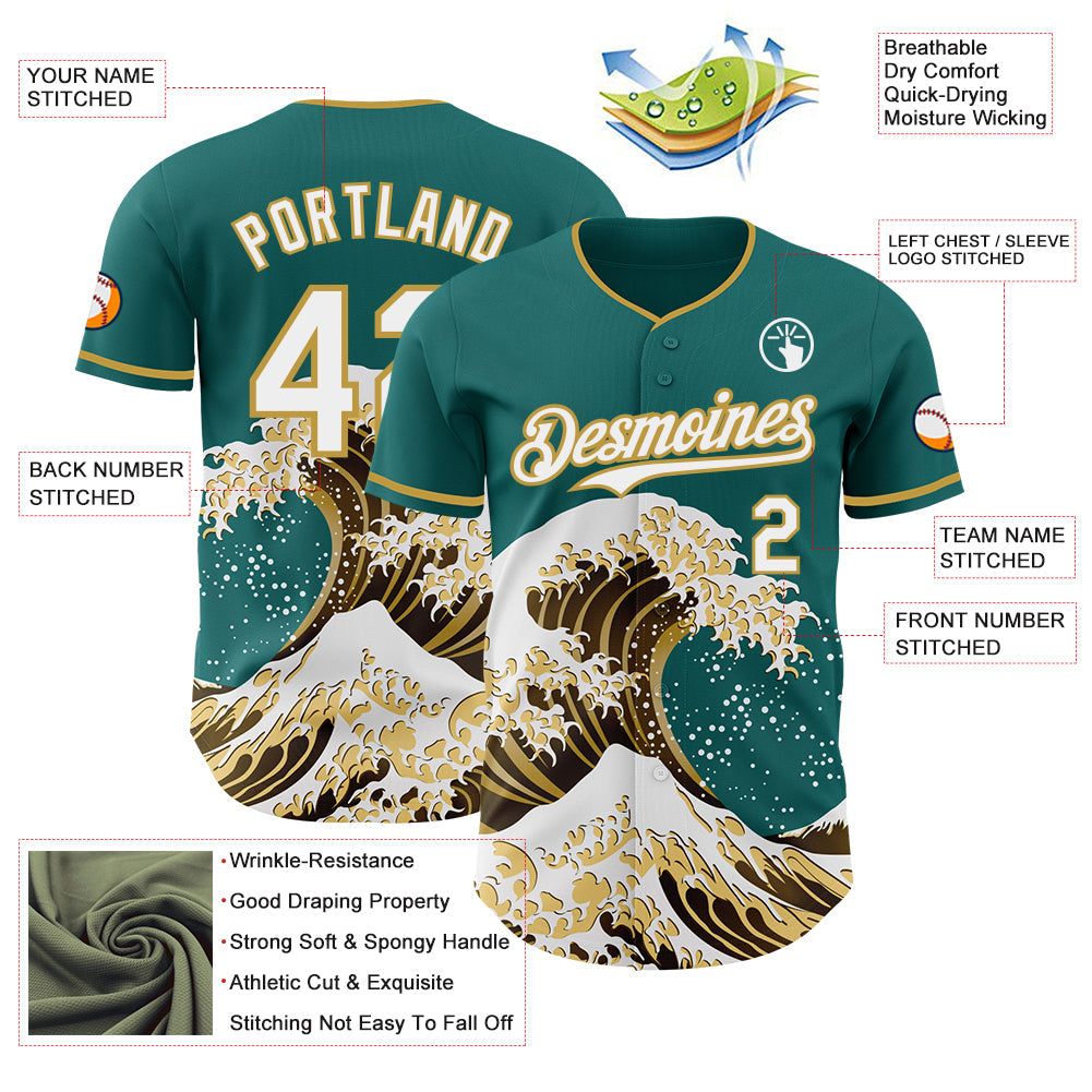 Custom Teal White-Old Gold Japanese Wave Authentic Baseball Jersey