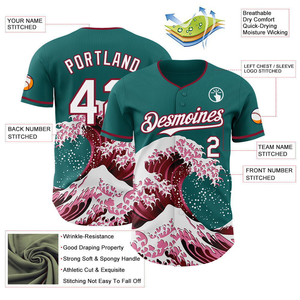 Custom Teal White-Crimson Japanese Wave Authentic Baseball Jersey