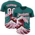 Custom Teal White-Crimson Japanese Wave Authentic Baseball Jersey