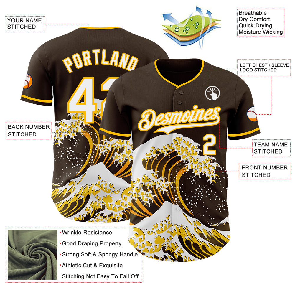 Custom Brown White-Gold Japanese Wave Authentic Baseball Jersey