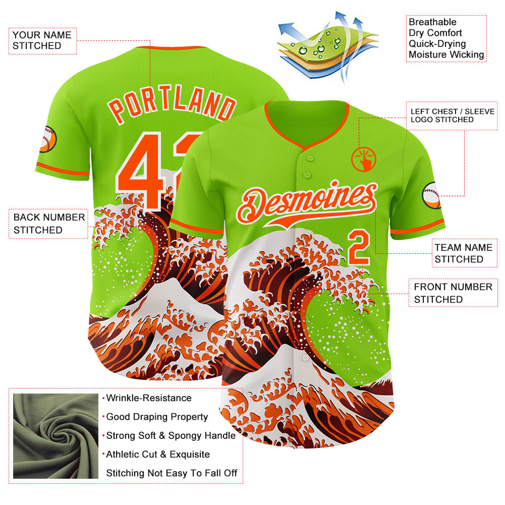 Custom Neon Green Orange-White Japanese Wave Authentic Baseball Jersey