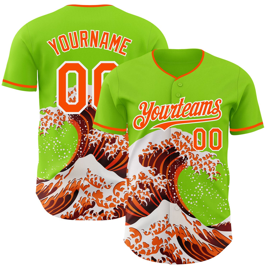 Custom Neon Green Orange-White Japanese Wave Authentic Baseball Jersey