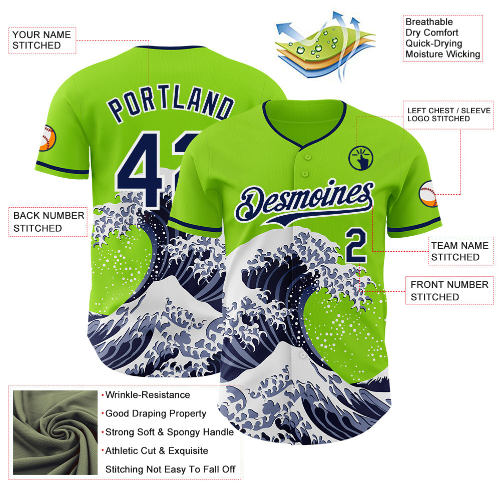 Custom Neon Green Navy-White Japanese Wave Authentic Baseball Jersey