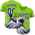 Custom Neon Green Navy-White Japanese Wave Authentic Baseball Jersey